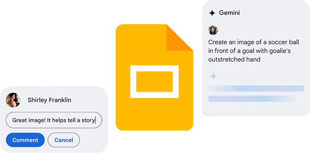 Image of Google Slides logo and some Google components show how Gemini can help build presentations
